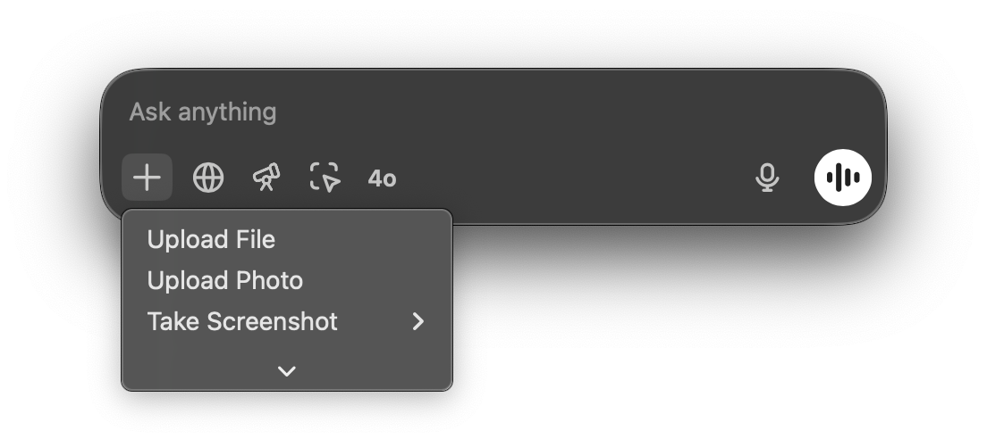 ChatGPT desktop file, photo and screenshot upload menu