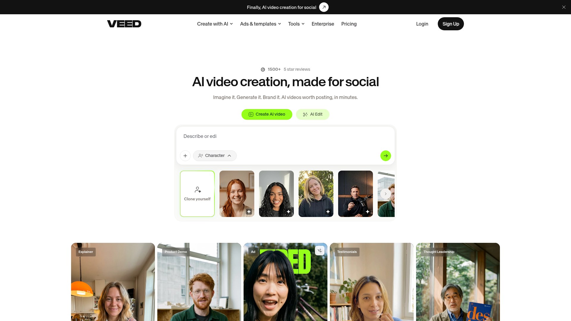 VEED home page showing the AI video creation workflow
