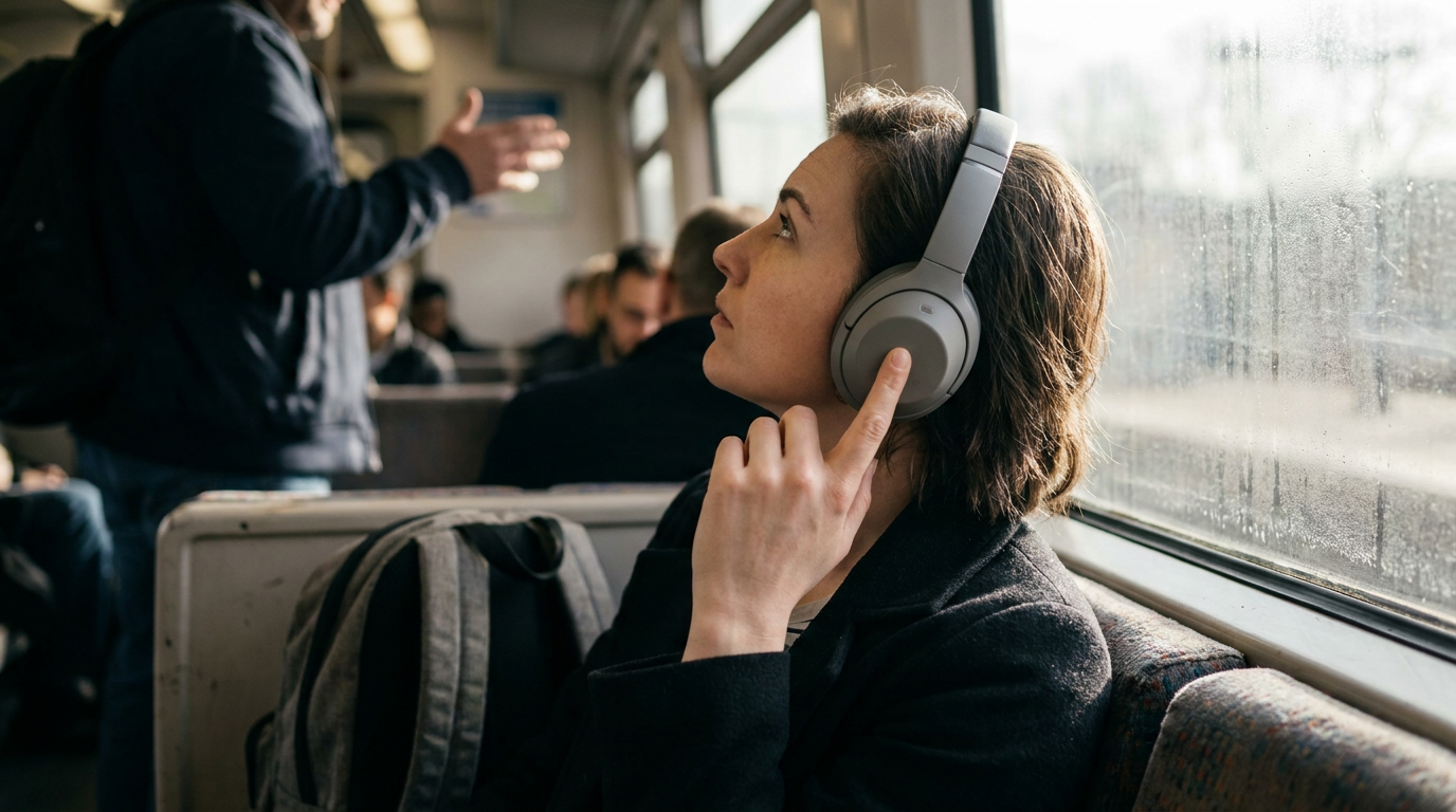 A woman sitting by a train window wears grey over-ear headphones, touching the ear cup with her finger while looking upward.