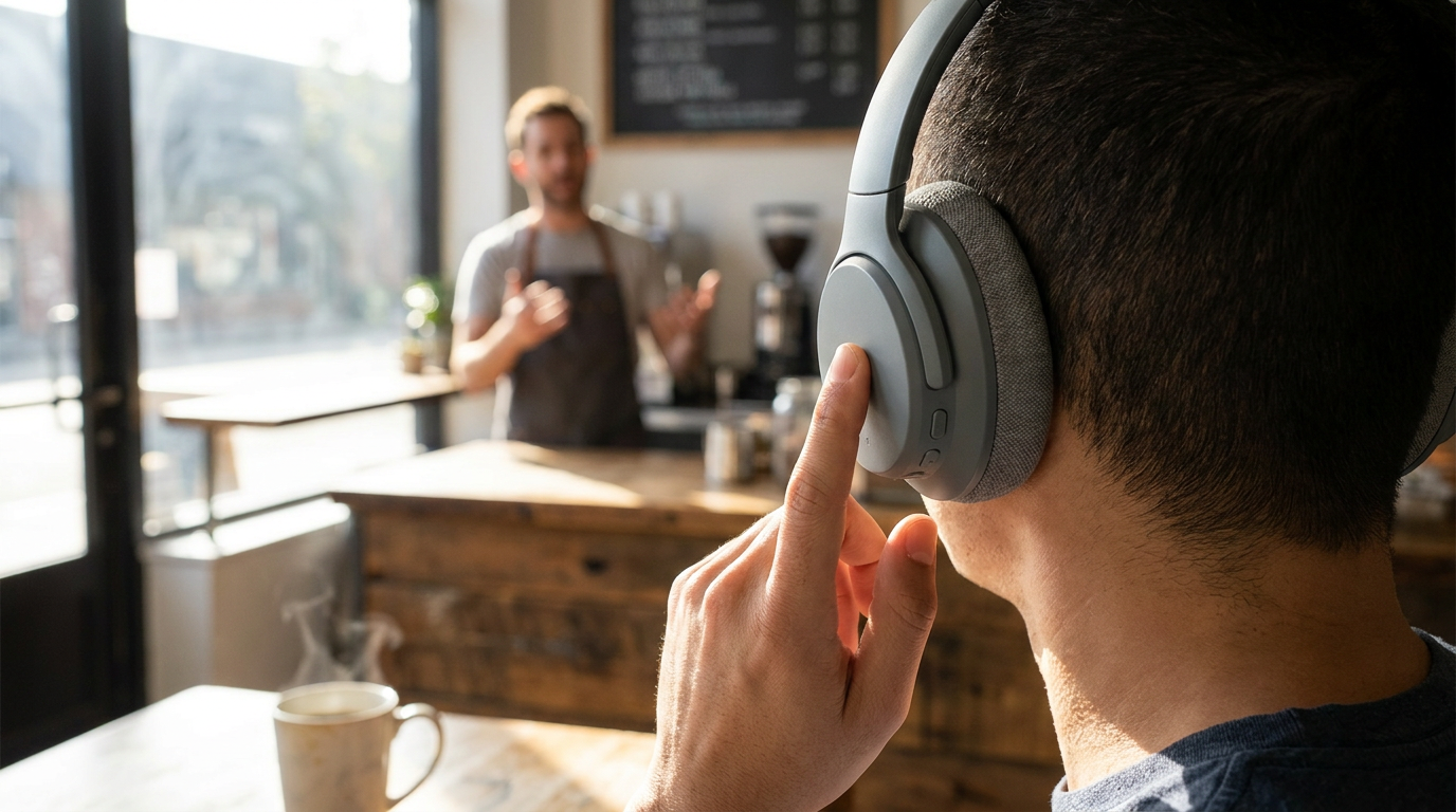 Close-up of a person from behind wearing gray headphones and touching the ear cup in a cafe, with a barista in the background.