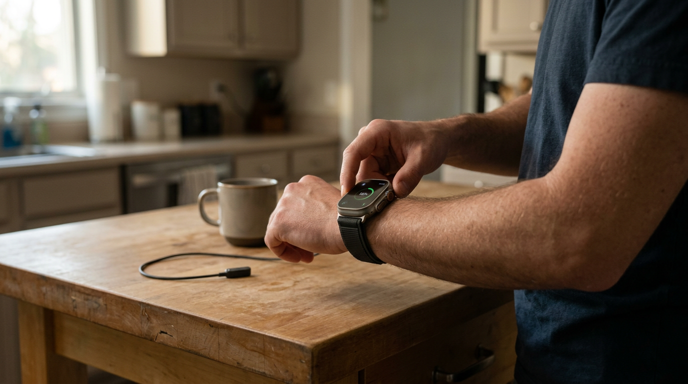 A person wearing an Apple Watch Ultra at a wooden kitchen island.