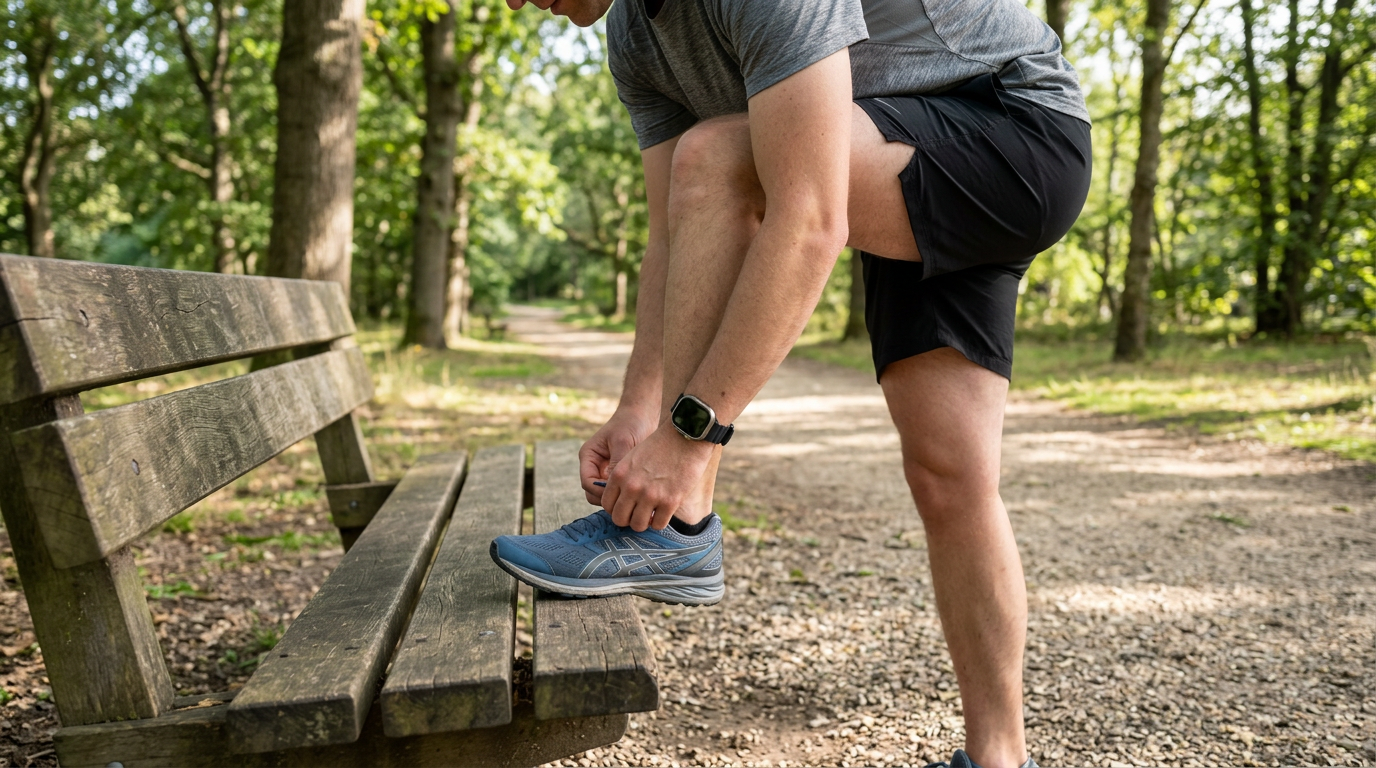 A candid daylight photograph of an anonymous person in ordinary sportswear mid-activity around apple watch ultra 3 [gps + cellular 49mm] running & multisport smartwatch w/rugged ti