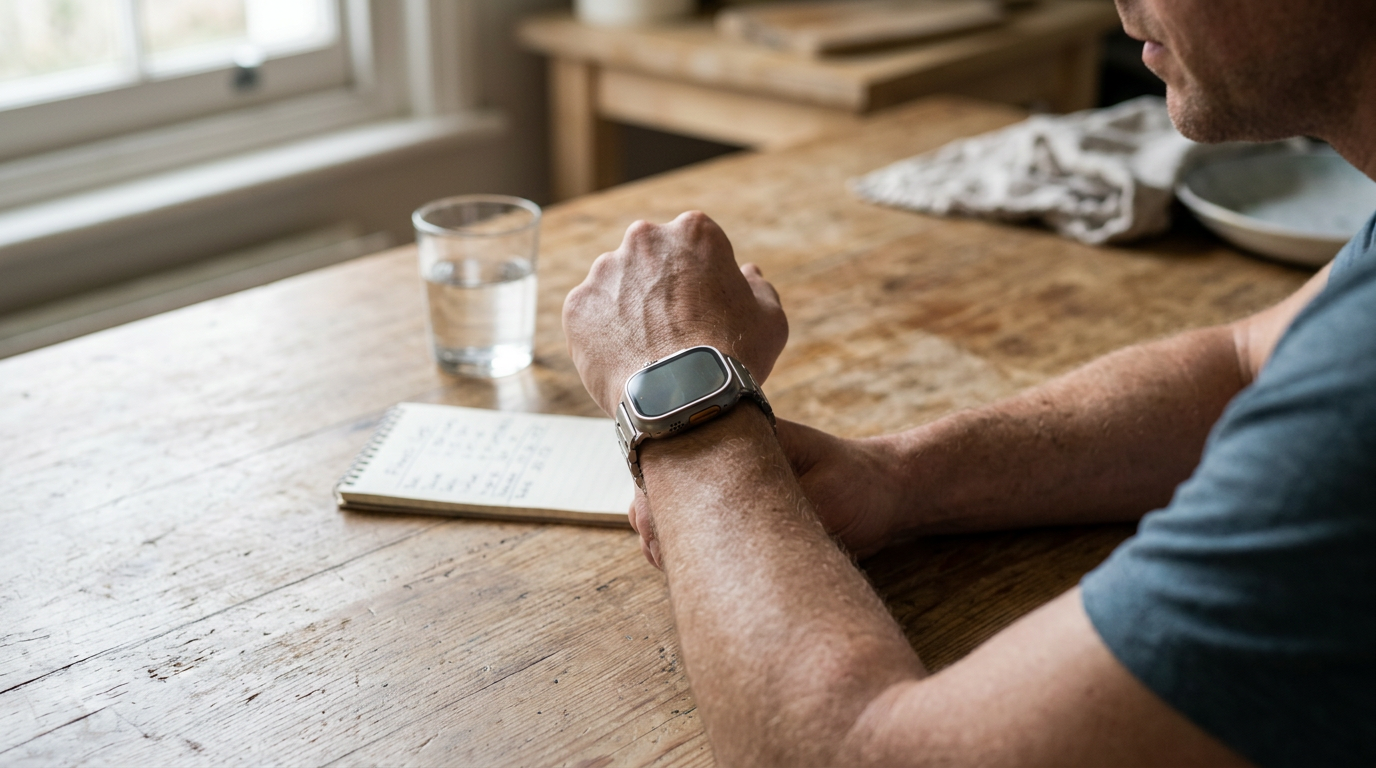 A close-up, high-angle shot captures a person’s wrist resting on a worn wooden kitchen table during a mid-morning workout recovery.