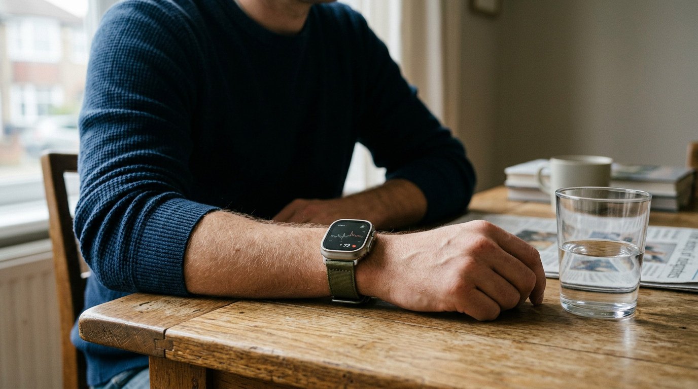 Close-up, top-down perspective of a person’s wrist resting on a rustic wooden dining table, mid-measurement.