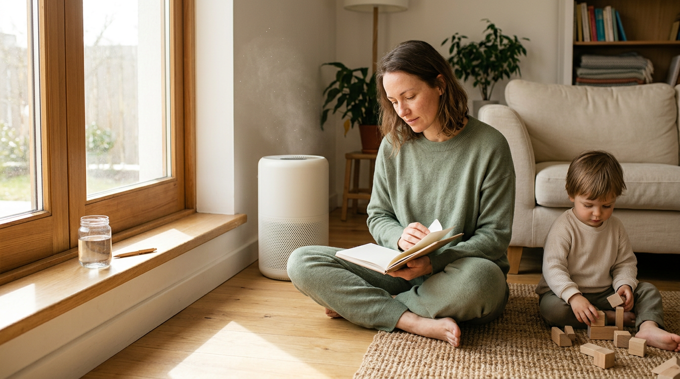 A portable air purifier running beside a sofa in a bright living room.