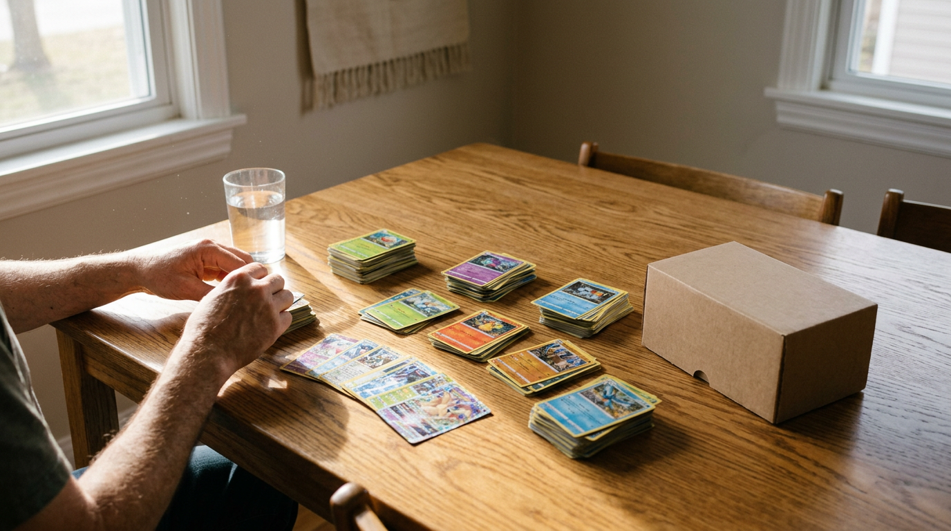Sealed Pokémon card packs and loose trading cards arranged on a wooden table.