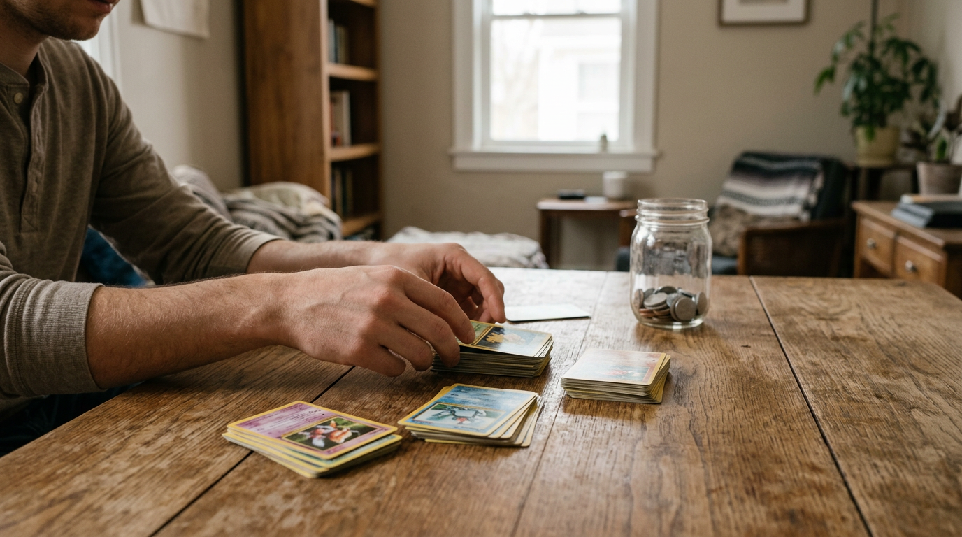 A shallow-depth, close-up documentary shot from the perspective of someone organizing their desk.