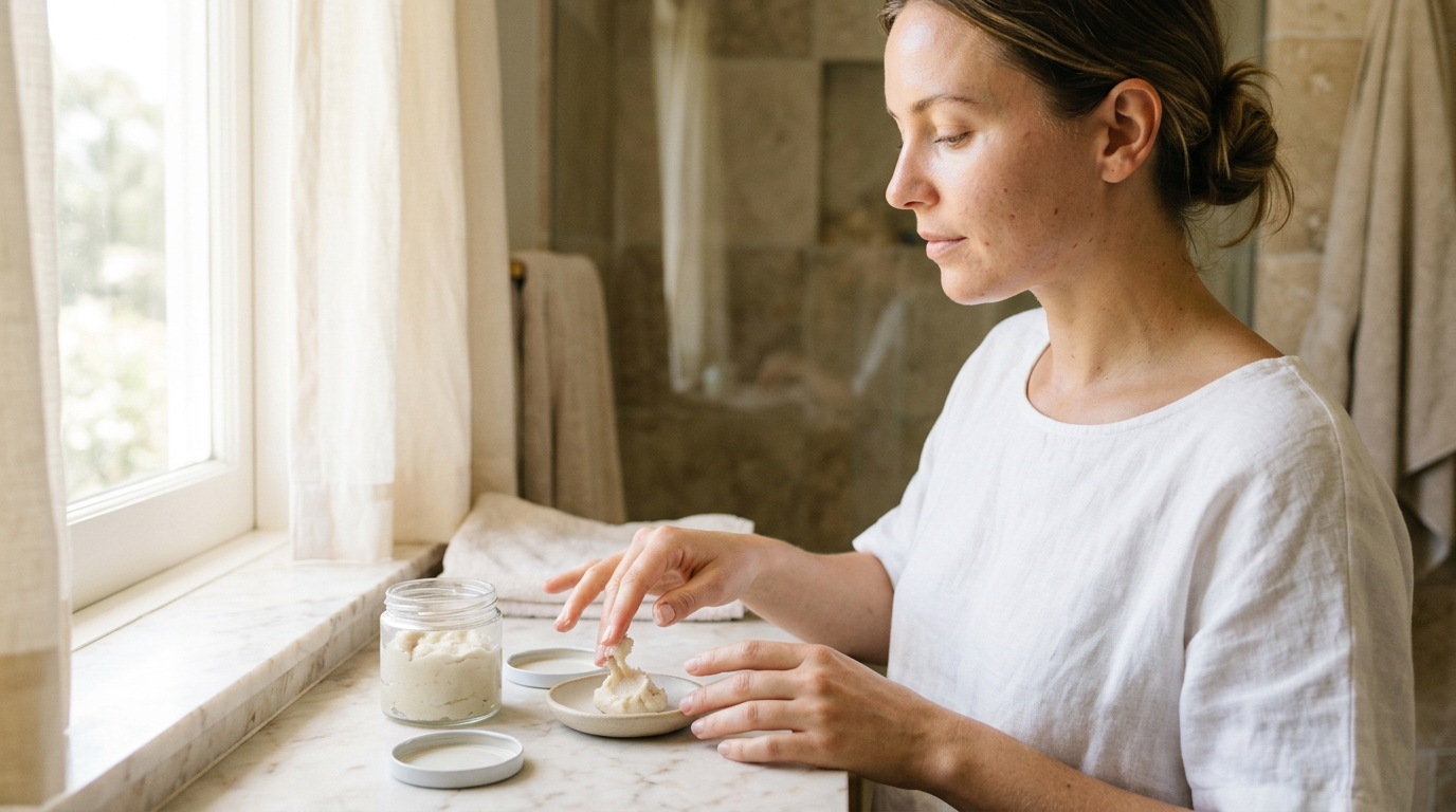 A person washing their face with a dense cleanser in a bright bathroom.
