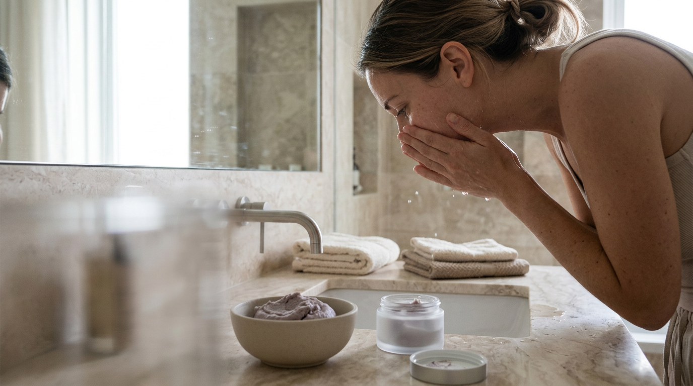 A close-up profile shot captures the subject standing at a marble bathroom vanity, gently rinsing her face with cupped hands.