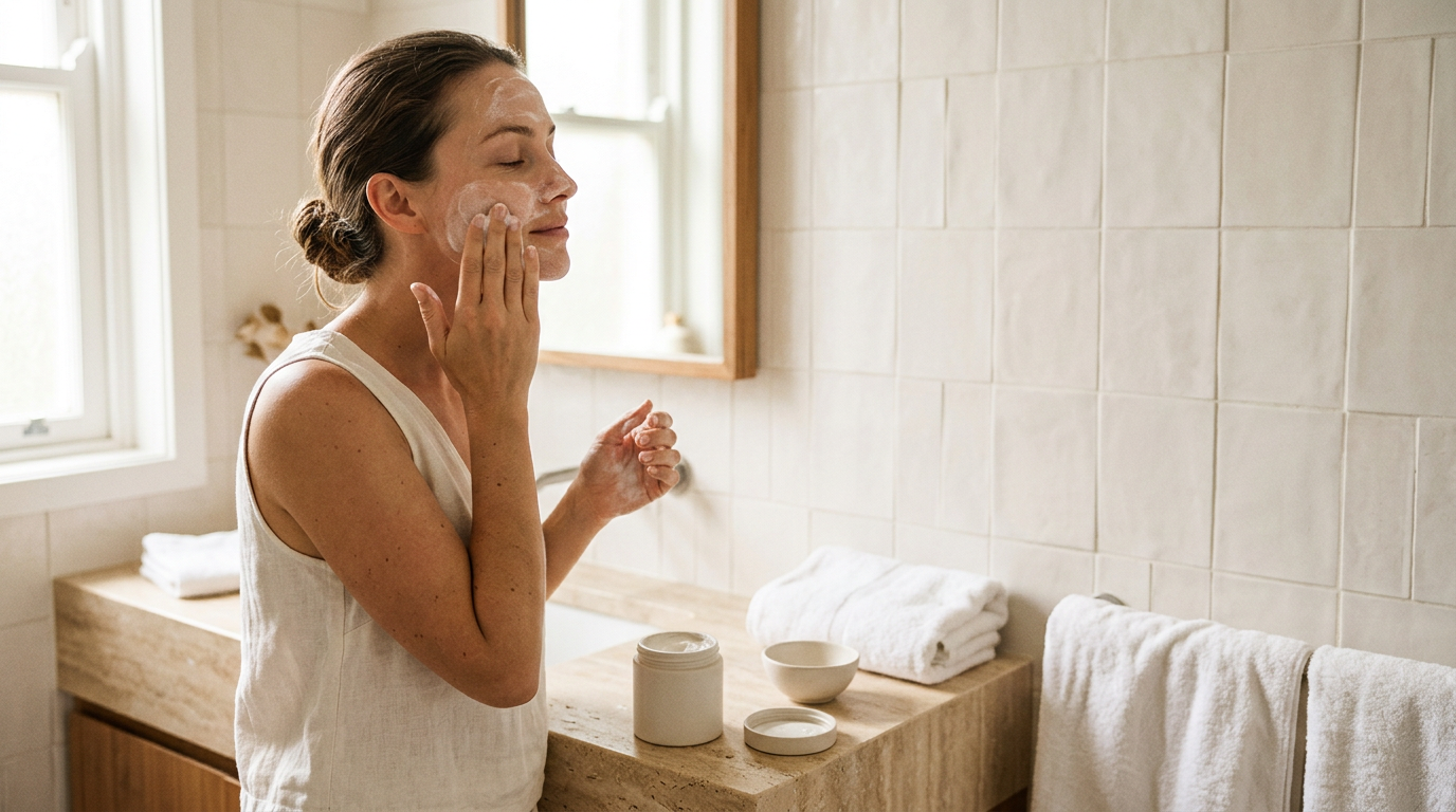 In a sun-drenched bathroom, a woman with glowing skin gently applies a soft, pillowy cleanser to her face.