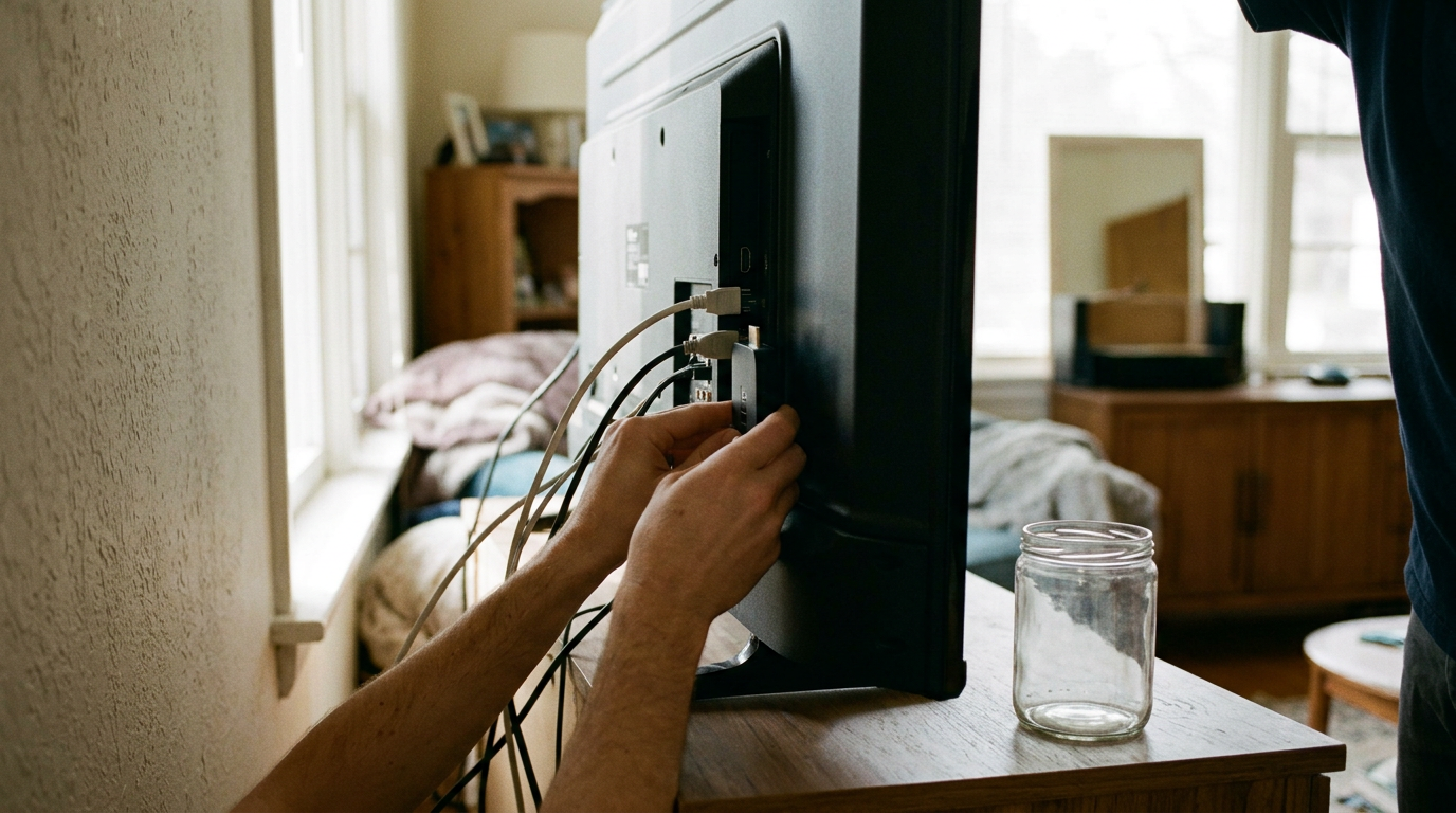A close-up, documentary-style shot captures a person’s hands navigating the cluttered back panel of a wall-mounted television.