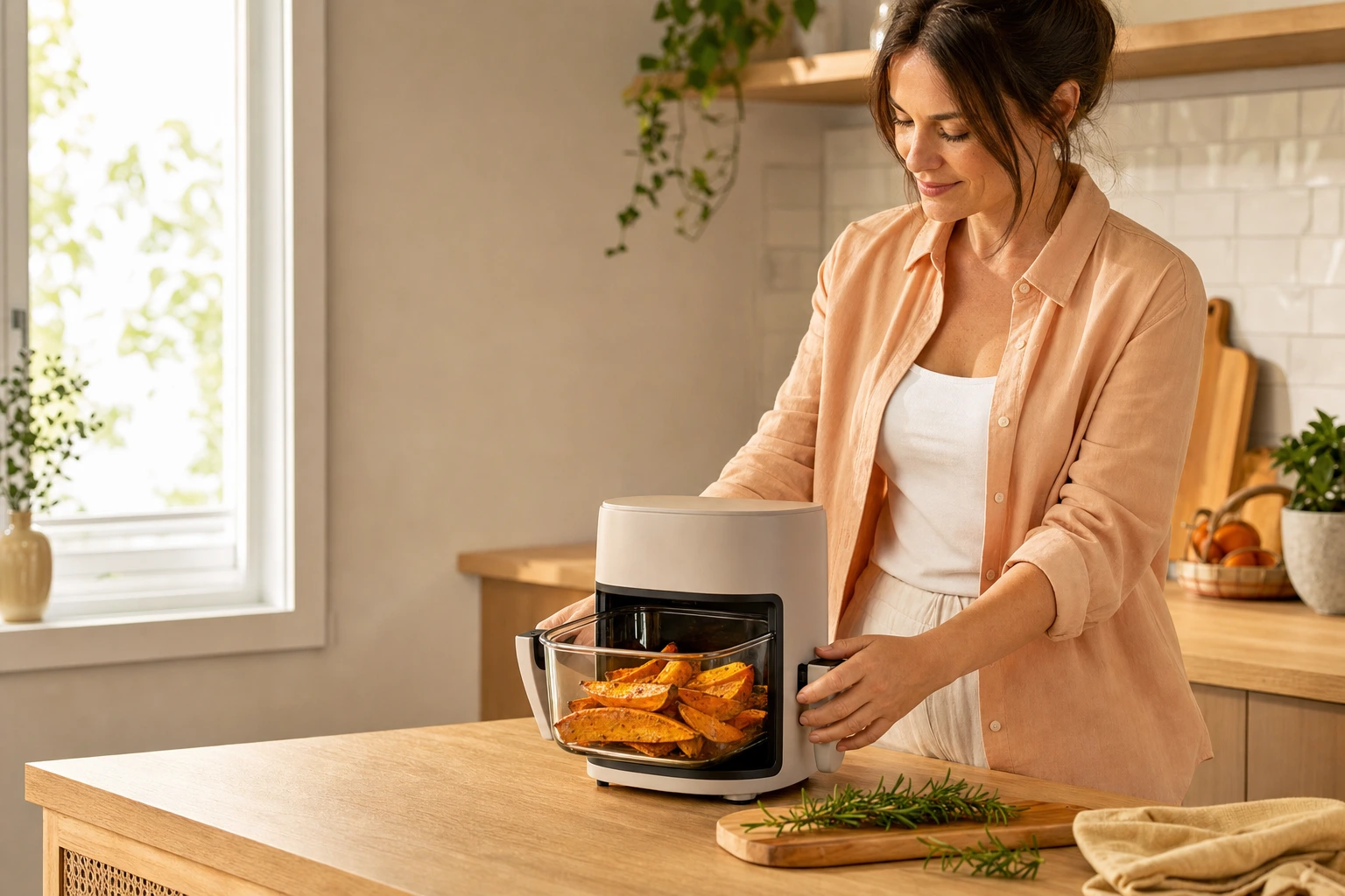 A woman slides a glass air fryer with sweet potato wedges onto a sunlit counter next to rosemary sprigs in a bright kitchen.
