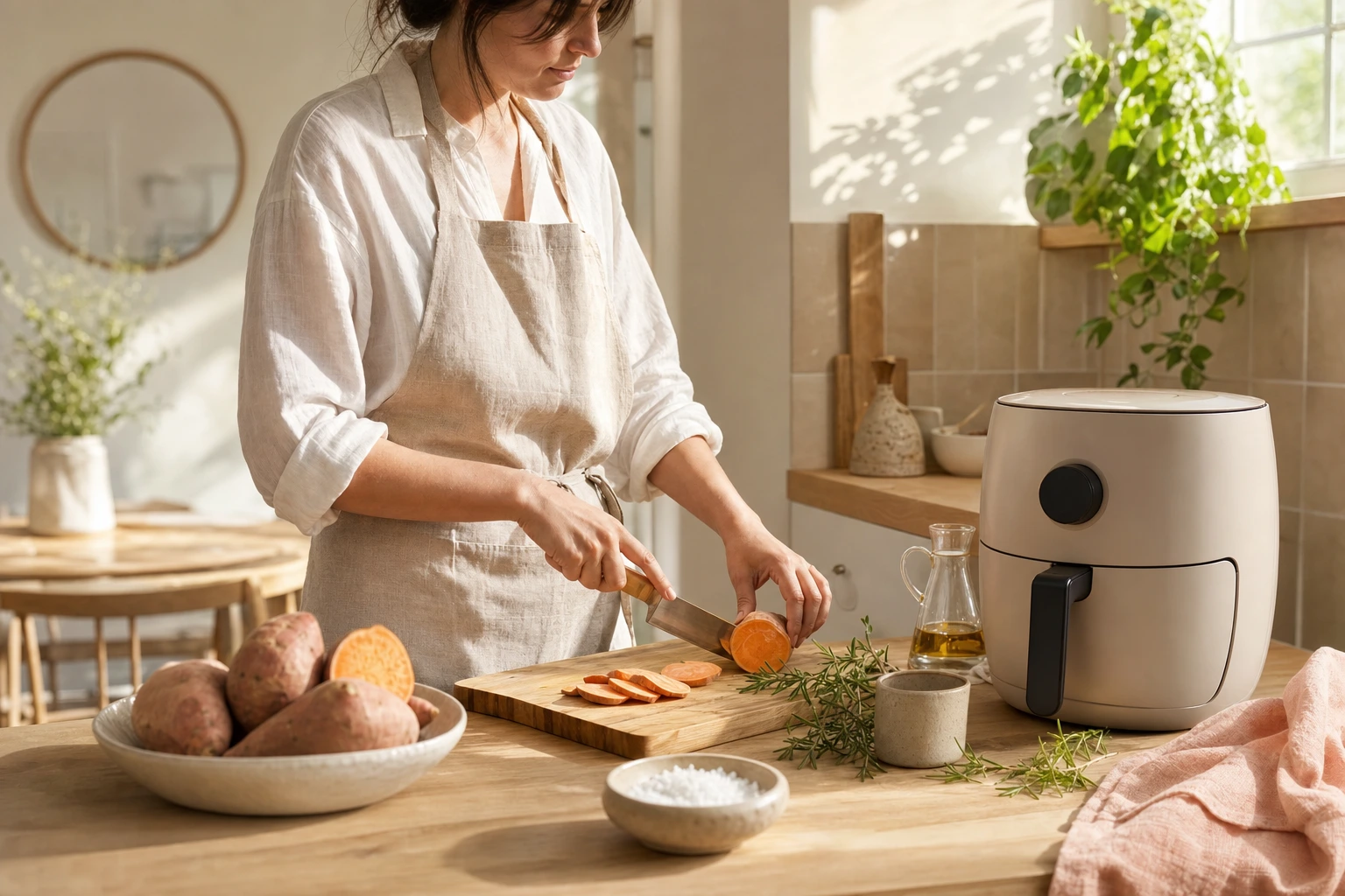 A cook slides a glass basket of sweet potato fries into a beige air fryer on a sunlit kitchen counter next to fresh rosemary.