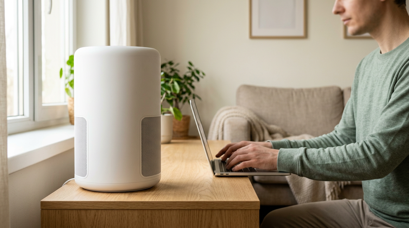 A premium, richly composed still life evoking levoit smart air purifiers for home large room up to 2933 ft², with realistic natural materials, water or texture detail and cinematic