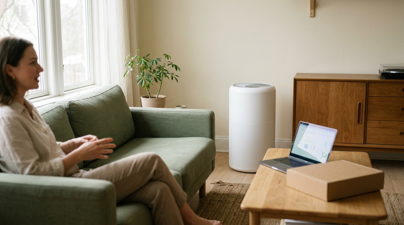 A candid lifestyle scene evoking everyday life around levoit smart air purifiers for home large room up to 2933 ft²: a lived-in interior, natural light, hands out of focus, real ma