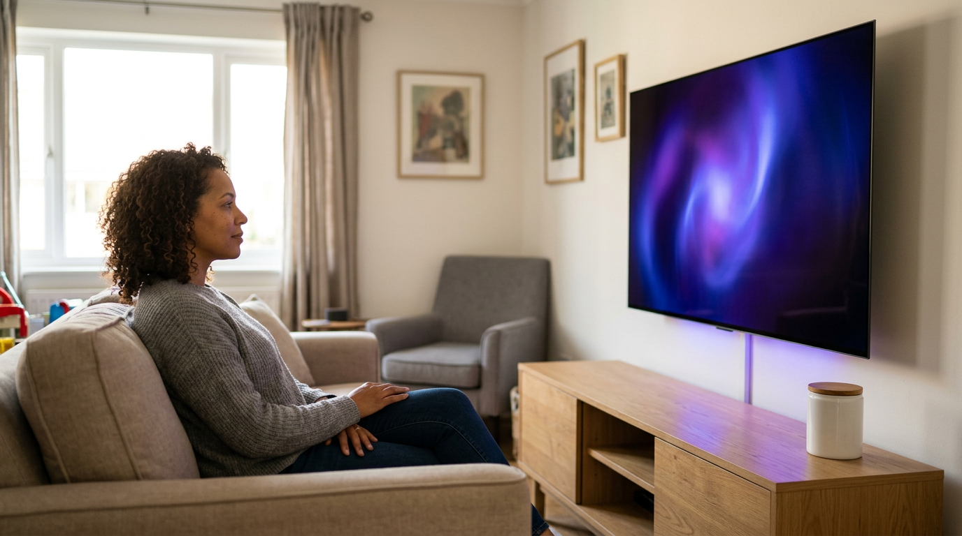 A sleek, ultra-thin 65-inch television is mounted on a dark, textured stone accent wall.