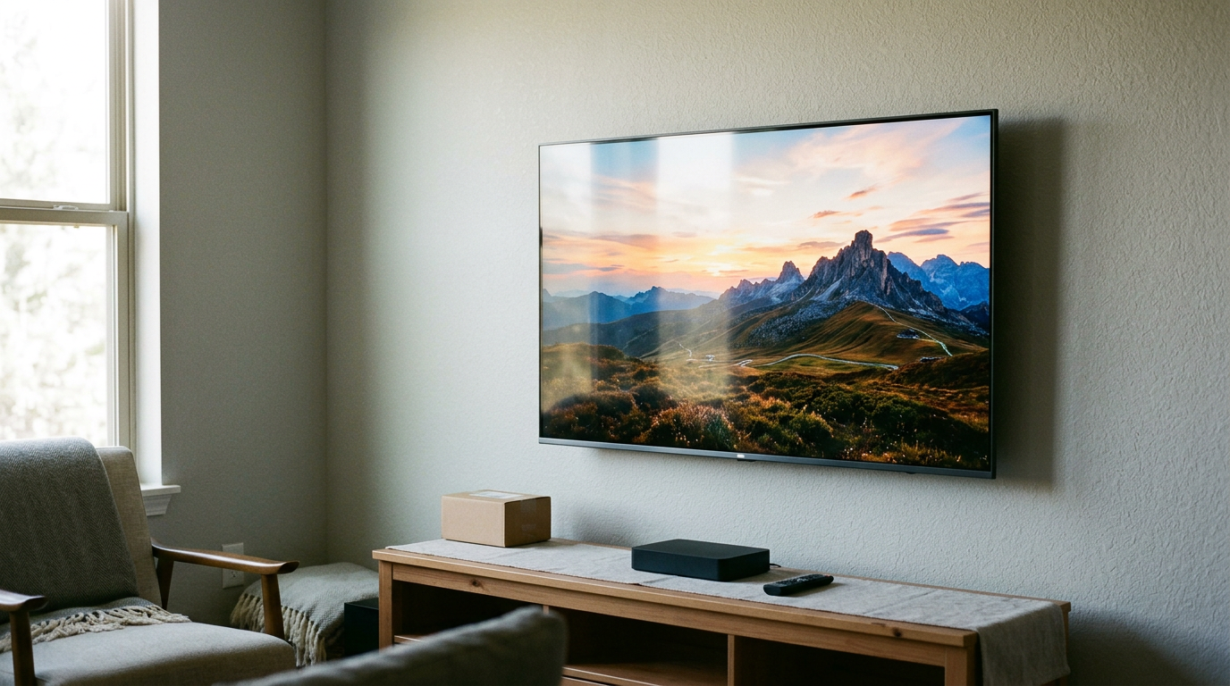 A low-angle, close-up shot captures the 65-inch display mounted on a minimalist slate wall, emphasizing the ultra-slim profile and bezel-less design.