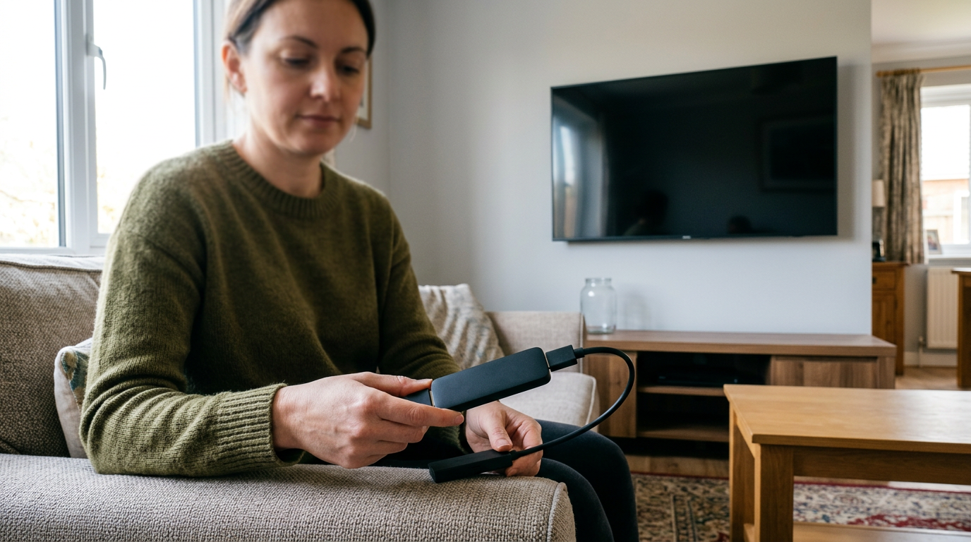 A sleek, matte-black streaming dongle rests on a dark, polished marble side table, its subtle status light glowing soft white.