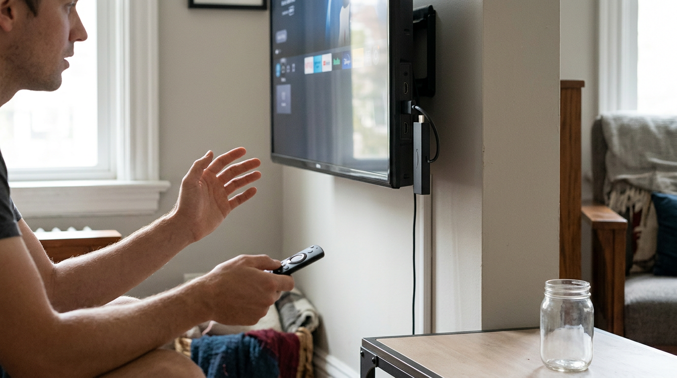 A close-up, low-angle shot captures a sleek, slender streaming device plugged directly into the rear HDMI port of a modern television.