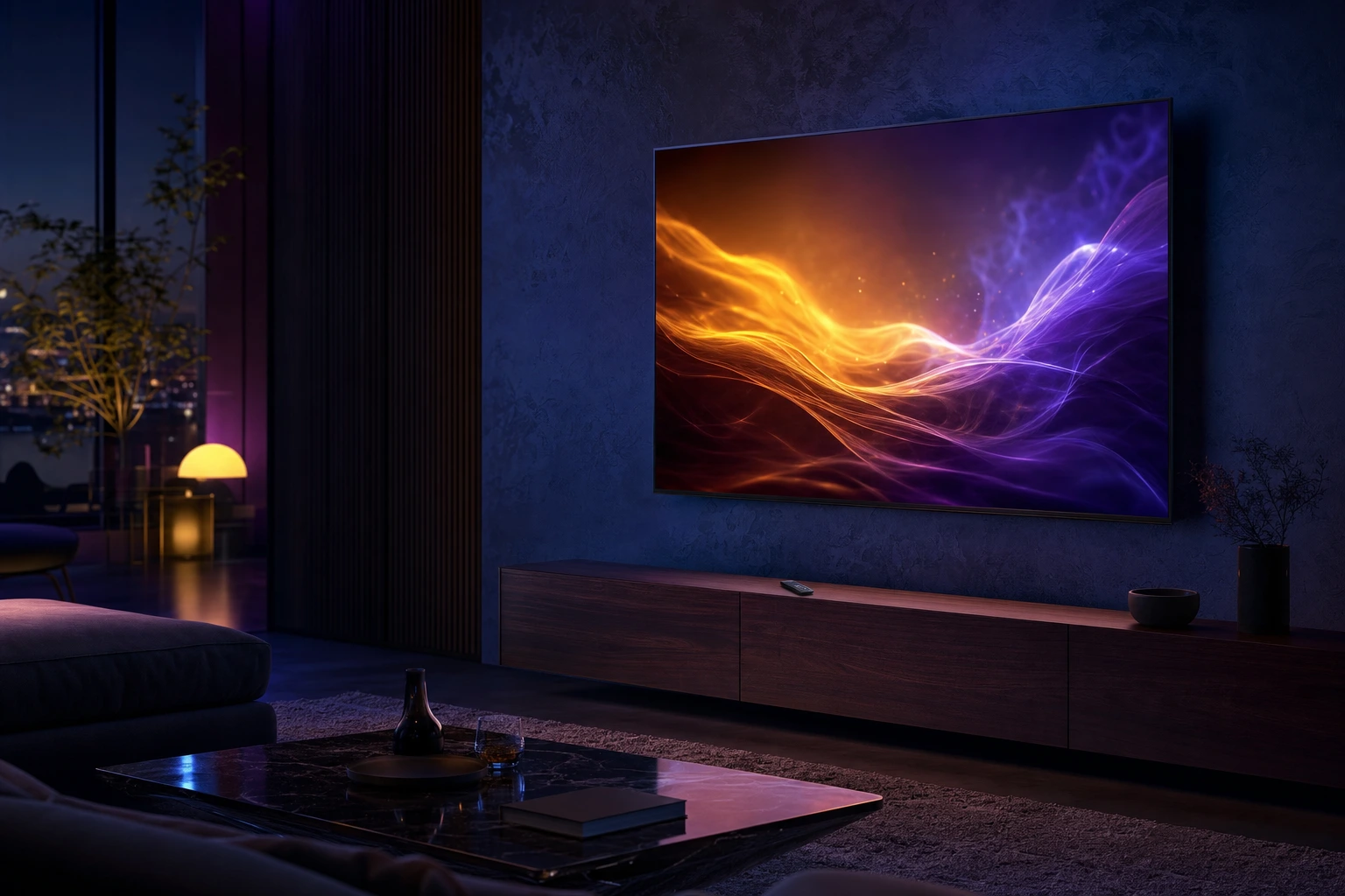 A wall-mounted TV displays glowing amber and violet waves in a dark room with moody purple ambient lighting and a wooden console.