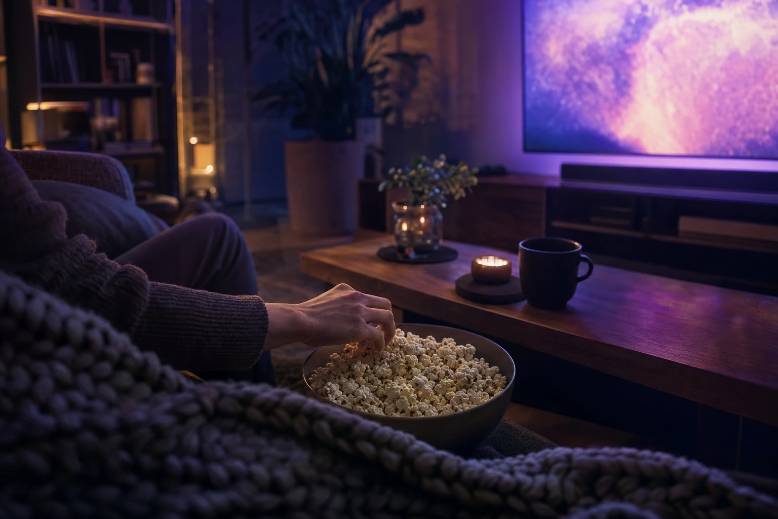 A hand holds a black remote on a cozy wool throw, bathed in colorful TV light with a bowl of popcorn in the soft-focus background.