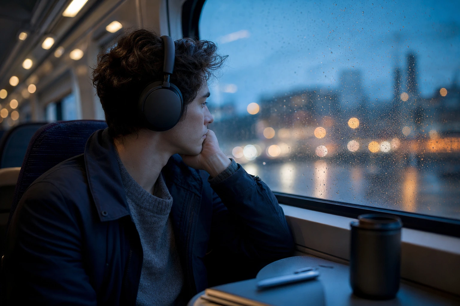 A commuter rests by a train window in blue light, adjusting a black headphone ear cup as rainy city lights blur in the background.