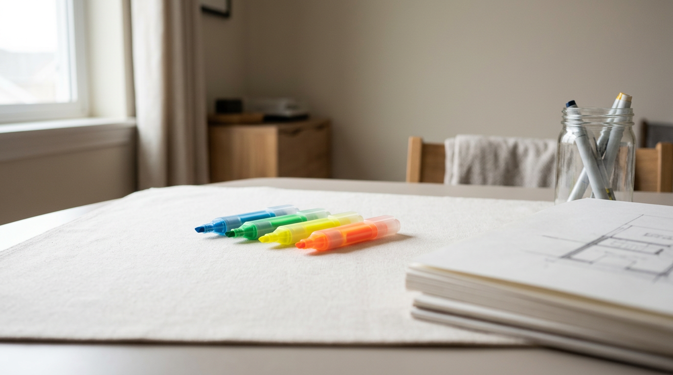 Four chisel-tipped markers rest in a clean, parallel arrangement on a cream-colored linen blotter.