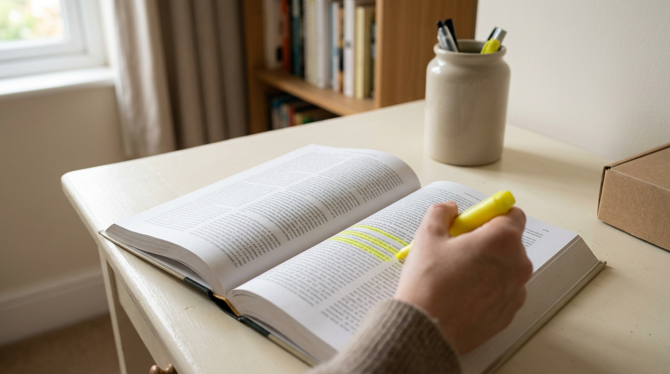 A close-up, top-down shot captures an open, dense textbook on a cream-colored workspace.