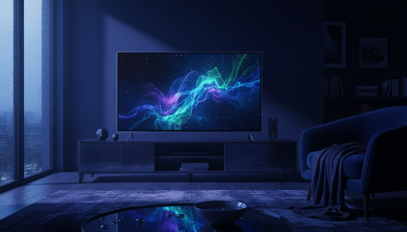 A premium, richly composed still life evoking hisense 65" u6 pro series mini‑led uled 4k uhd hdr gaming ai smart fire tv, with realistic natural materials, water or texture detail
