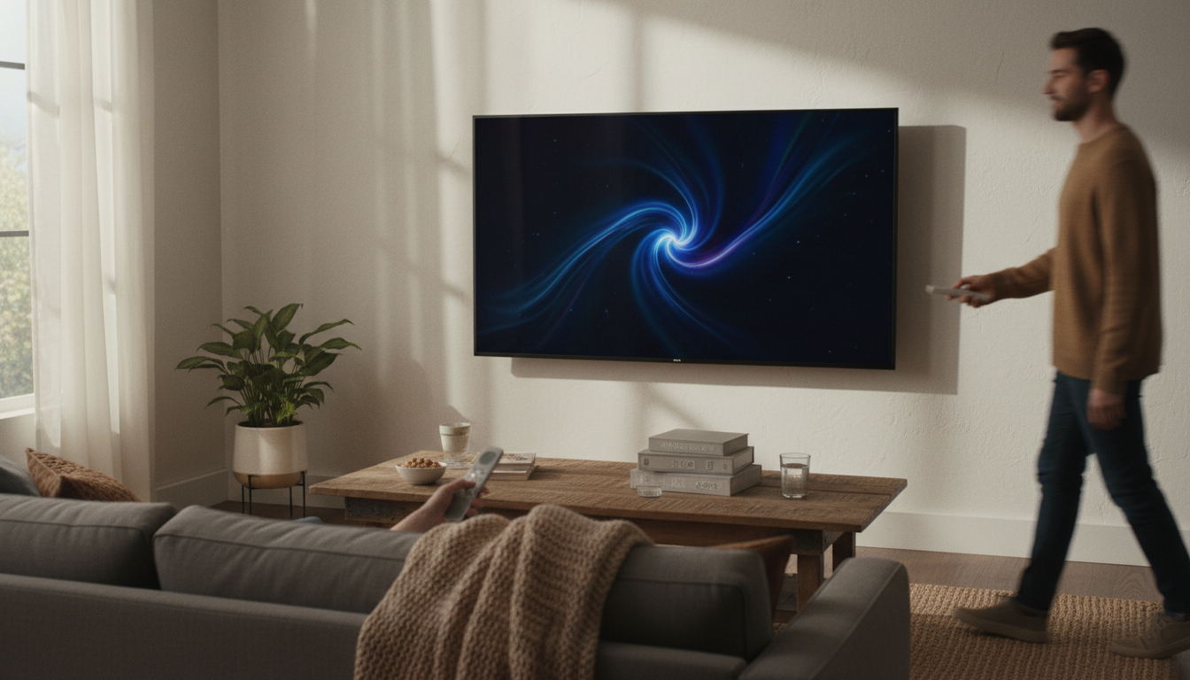 A candid lifestyle scene evoking everyday life around hisense 65" u6 pro series mini‑led uled 4k uhd hdr gaming ai smart fire tv: a lived-in interior, natural light, hands out of f
