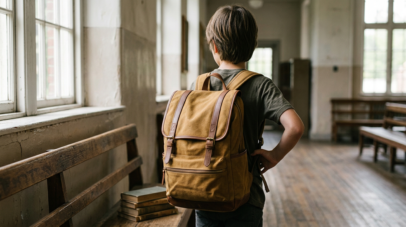 A child’s durable canvas backpack rests on a rustic wooden school bench, bathed in soft, raking morning light from a nearby window.