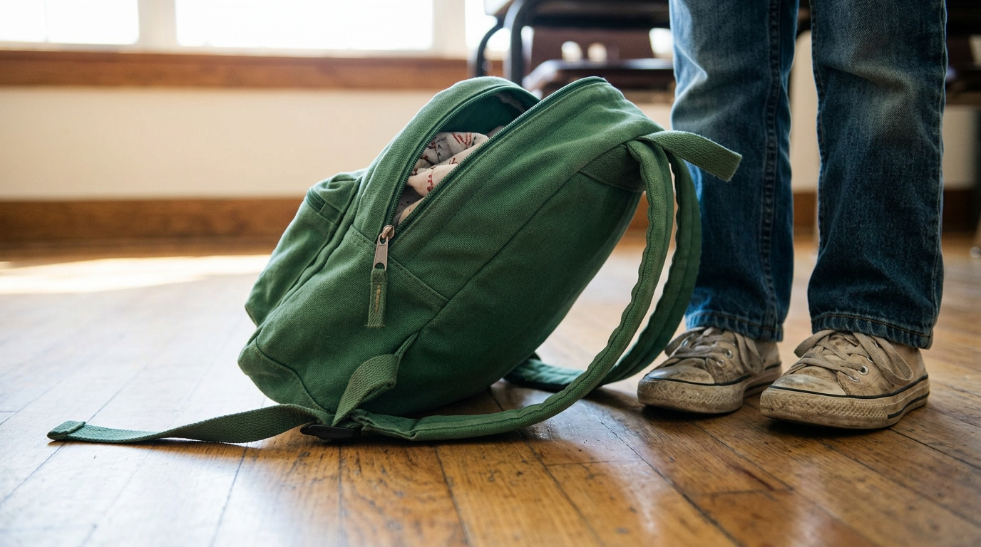 A close-up, low-angle shot captures a child’s backpack resting on a hardwood classroom floor beside a pair of worn canvas sneakers.