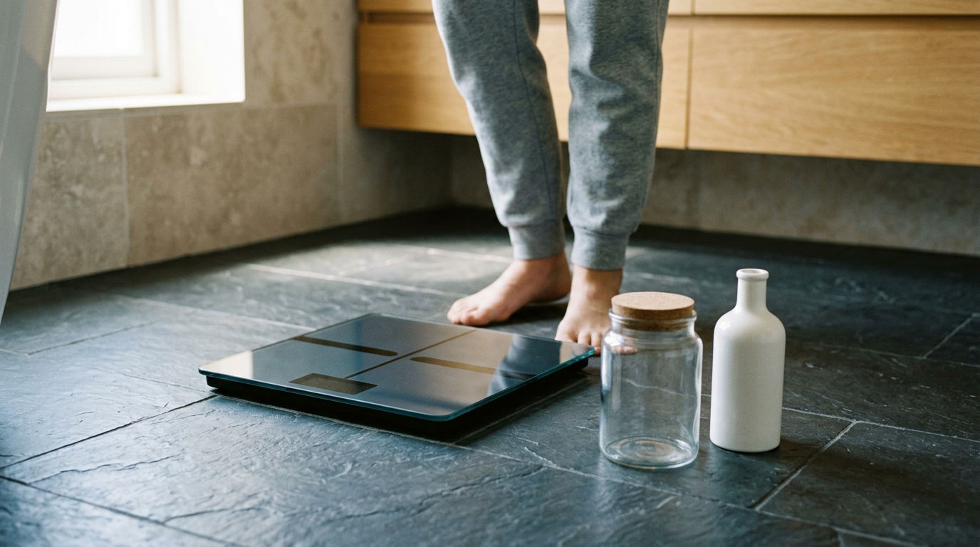 A sleek, minimalist glass-topped body composition scale rests on a textured slate floor.