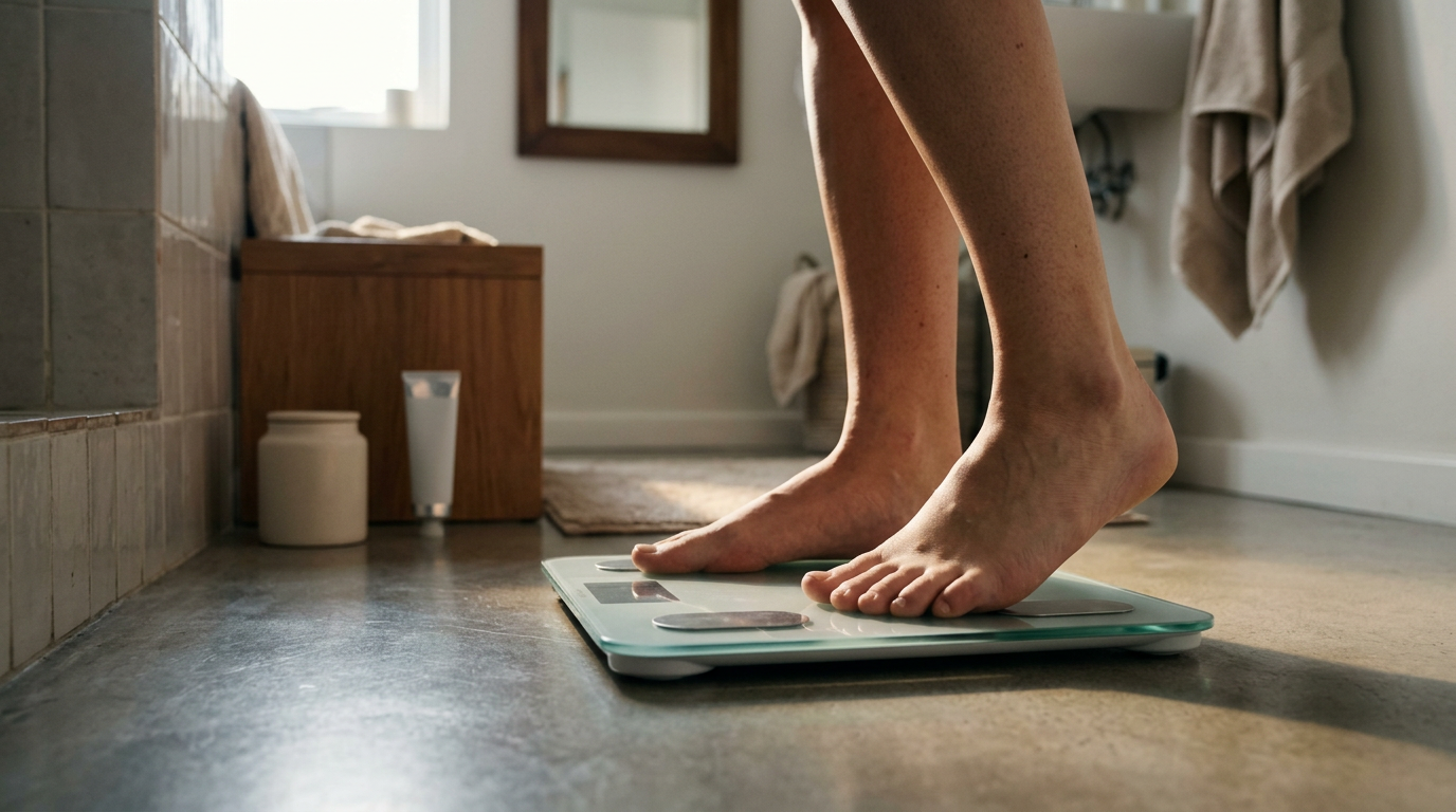 A low-angle, close-up shot captures a person’s bare feet positioned precisely on the conductive glass surface of the scale.