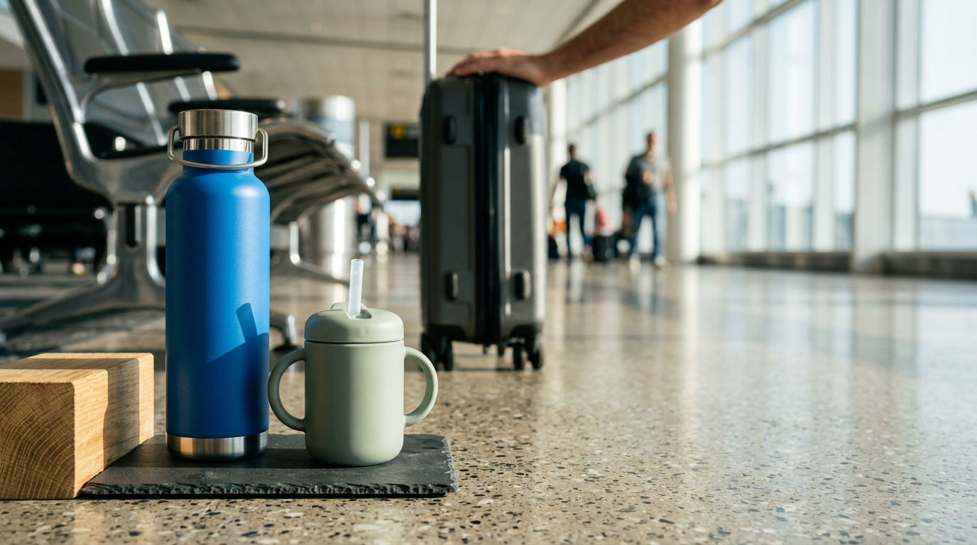 A vibrant, vacuum-insulated stainless steel bottle and a smaller toddler cup with a silicone straw sit atop a matte, honed slate surface.