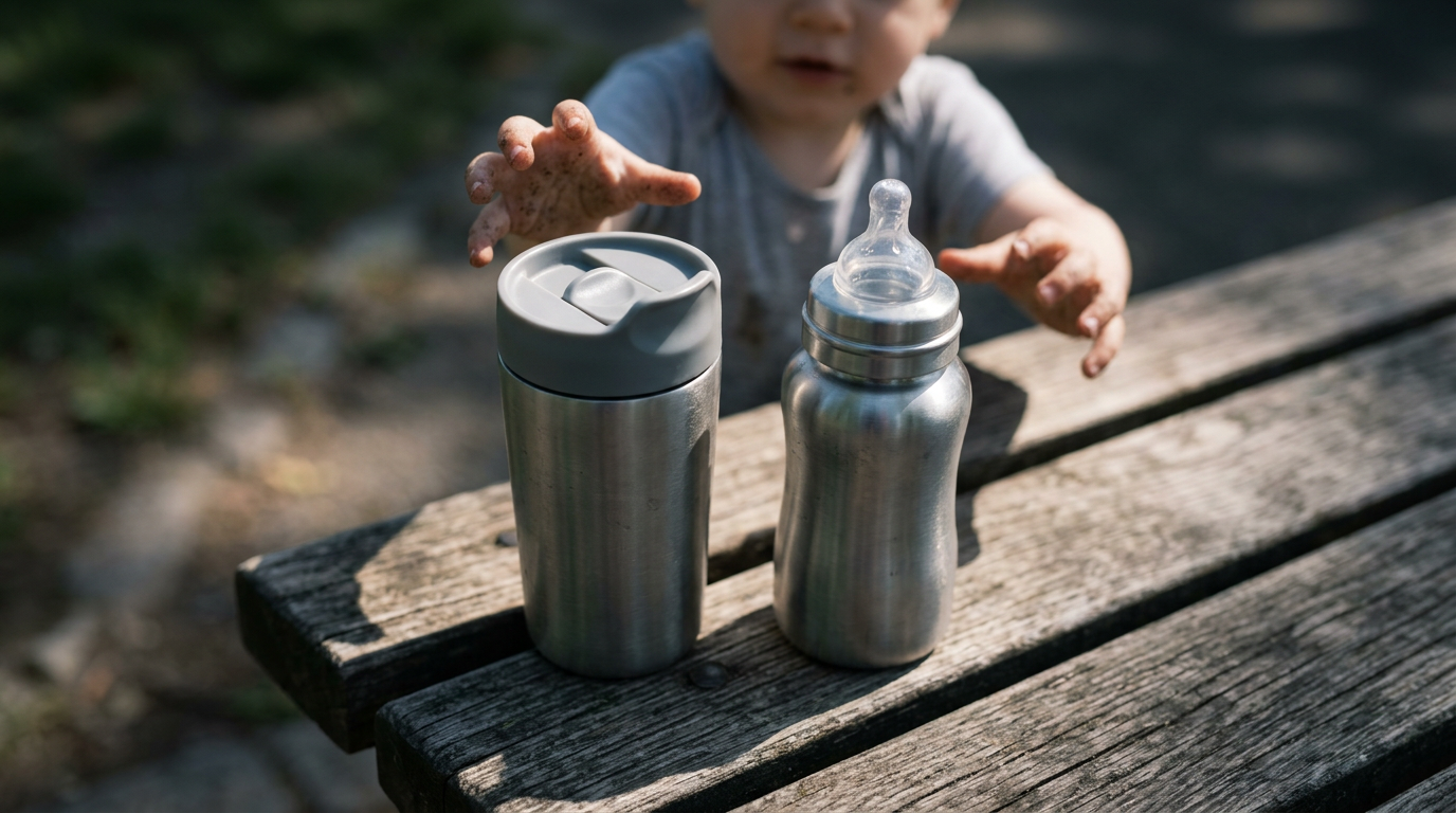 A high-angle close-up captures a stainless steel toddler cup resting on a weathered oak park bench.