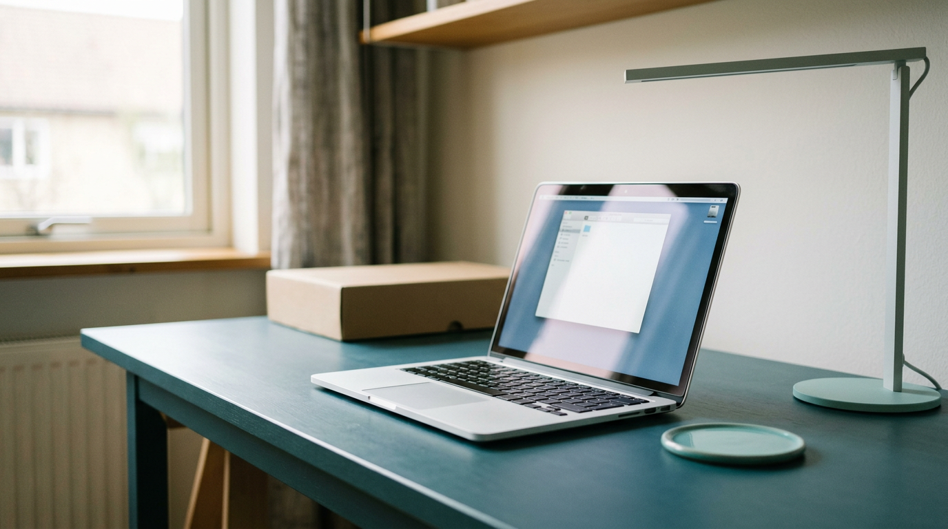 A sleek, silver aluminum laptop sits open on a matte petrol blue desk, its display casting a cool, crisp glow across the workspace.