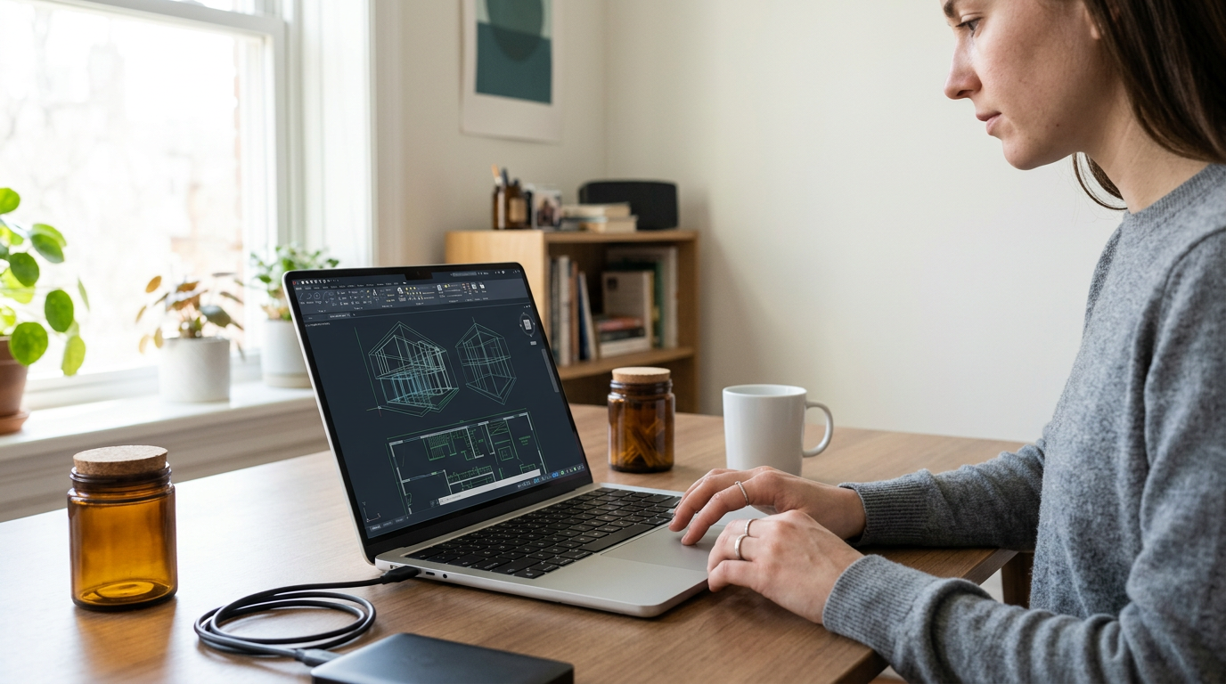 A low-angle, cinematic macro shot captures the open laptop on a matte charcoal workspace.