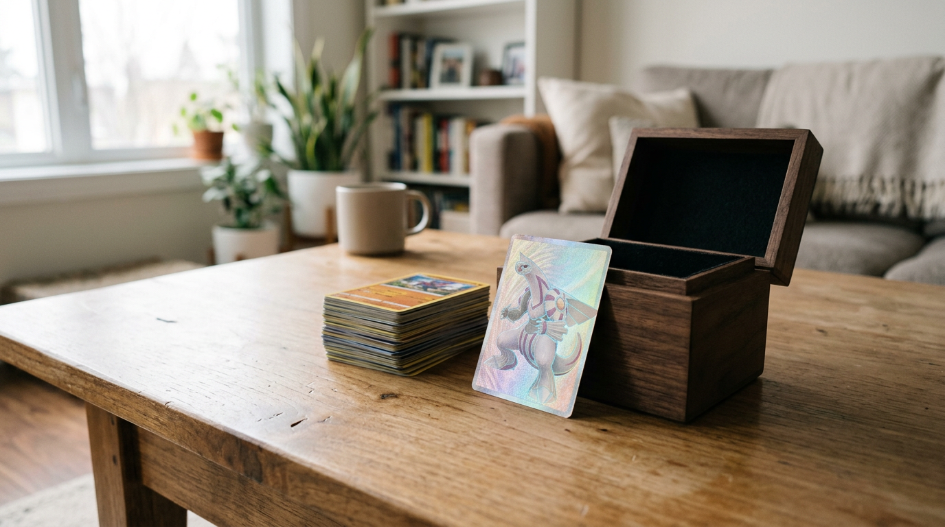 A stack of fifty pristine gaming cards rests beside a single, holographic legendary card, fanned slightly to catch the light.