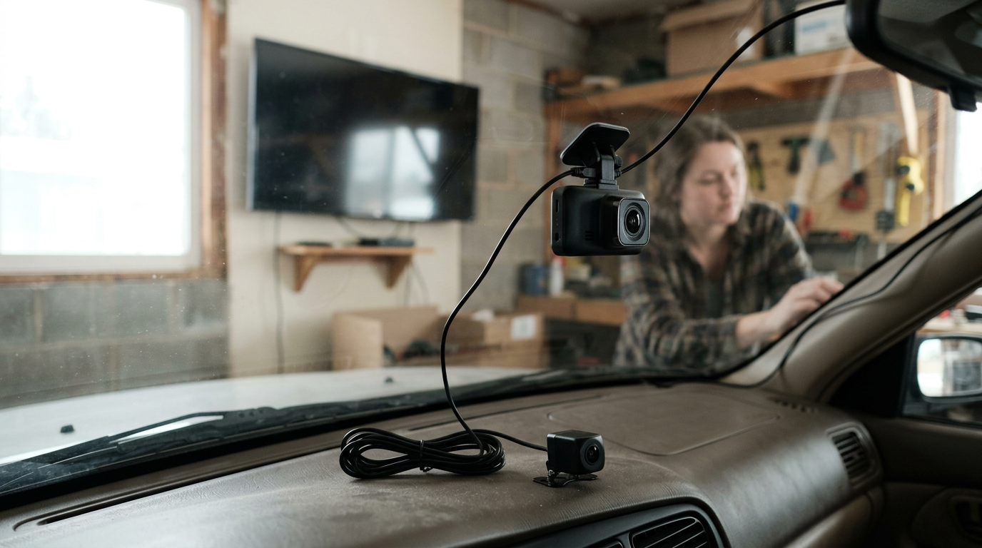 A premium, richly composed still life evoking rove r2-4k dual dash cam front and rear, with realistic natural materials, water or texture detail and cinematic side light.
