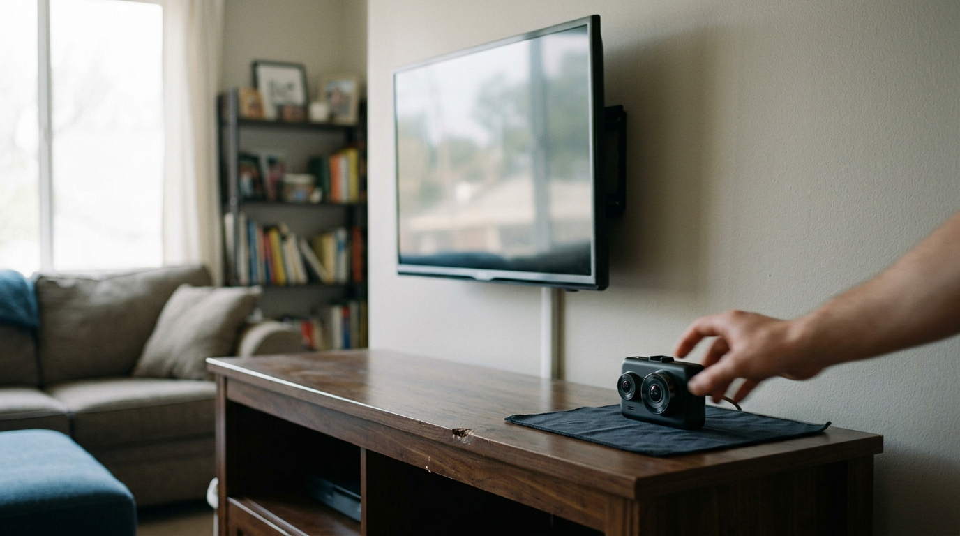 A candid lifestyle scene evoking everyday life around rove r2-4k dual dash cam front and rear: a lived-in interior, natural light, hands out of focus, real materials and no product