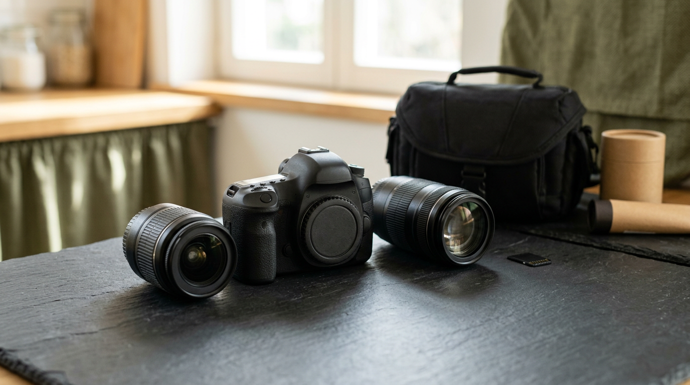 An unbranded DSLR sits centrally on a dark, slate-textured surface, flanked by a detached telephoto lens and a wide-angle zoom.