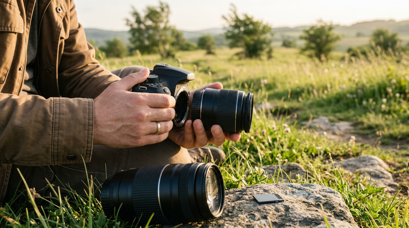 Capture a low-angle, eye-level shot in a sun-drenched outdoor meadow.