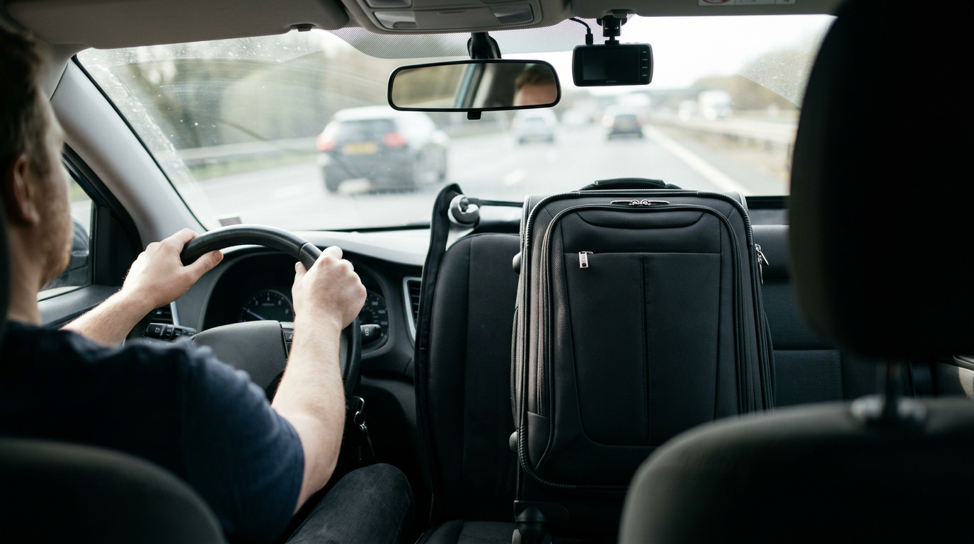 A candid daylight photograph taken from inside a moving car around travelpro maxlite 5 softside carry-on luggage spinner: the driver's hands on the steering wheel, the dashboard an