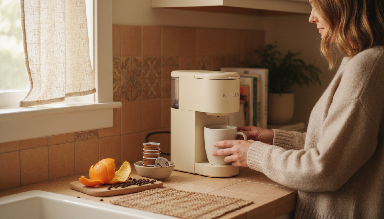 A candid lifestyle scene evoking everyday life around keurig k-express single serve k-cup pod coffee maker: a lived-in interior, natural light, hands out of focus, real materials a