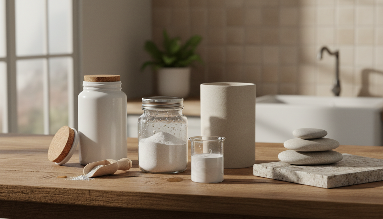 A premium, richly composed still life evoking best creatine monohydrate powder: 3 picks compared, with realistic natural materials, water or texture detail and cinematic side light