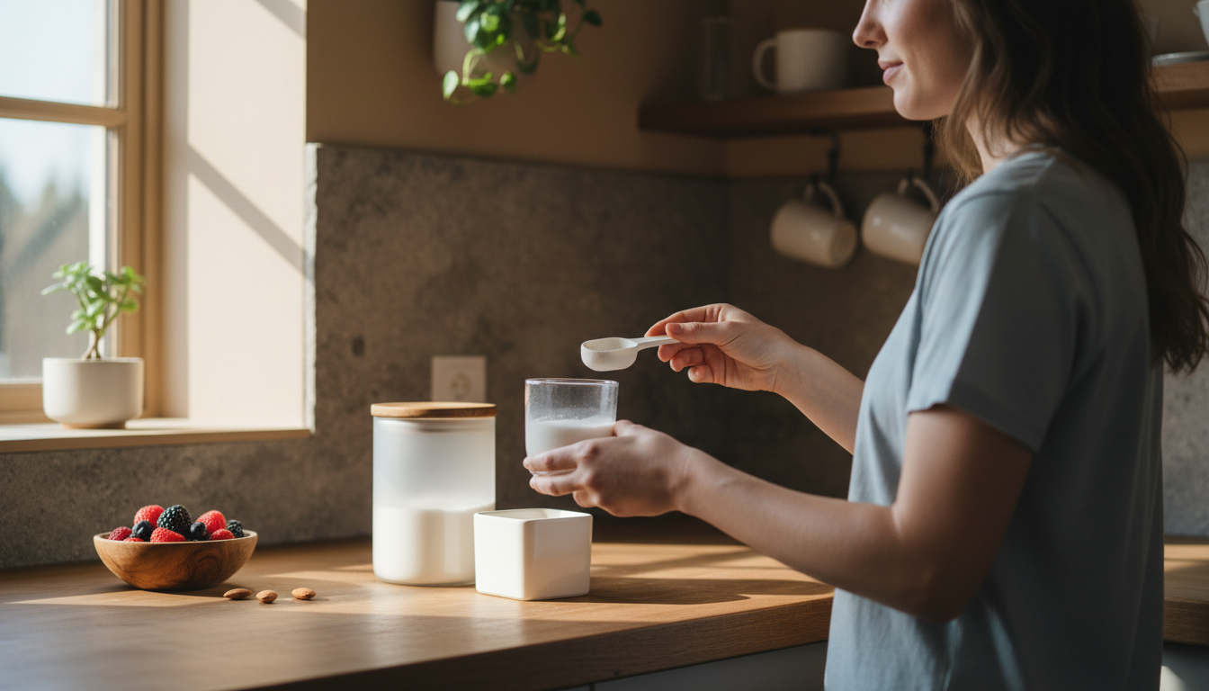 A candid lifestyle scene evoking everyday life around best creatine monohydrate powder: 3 picks compared: a lived-in interior, natural light, hands out of focus, real materials and