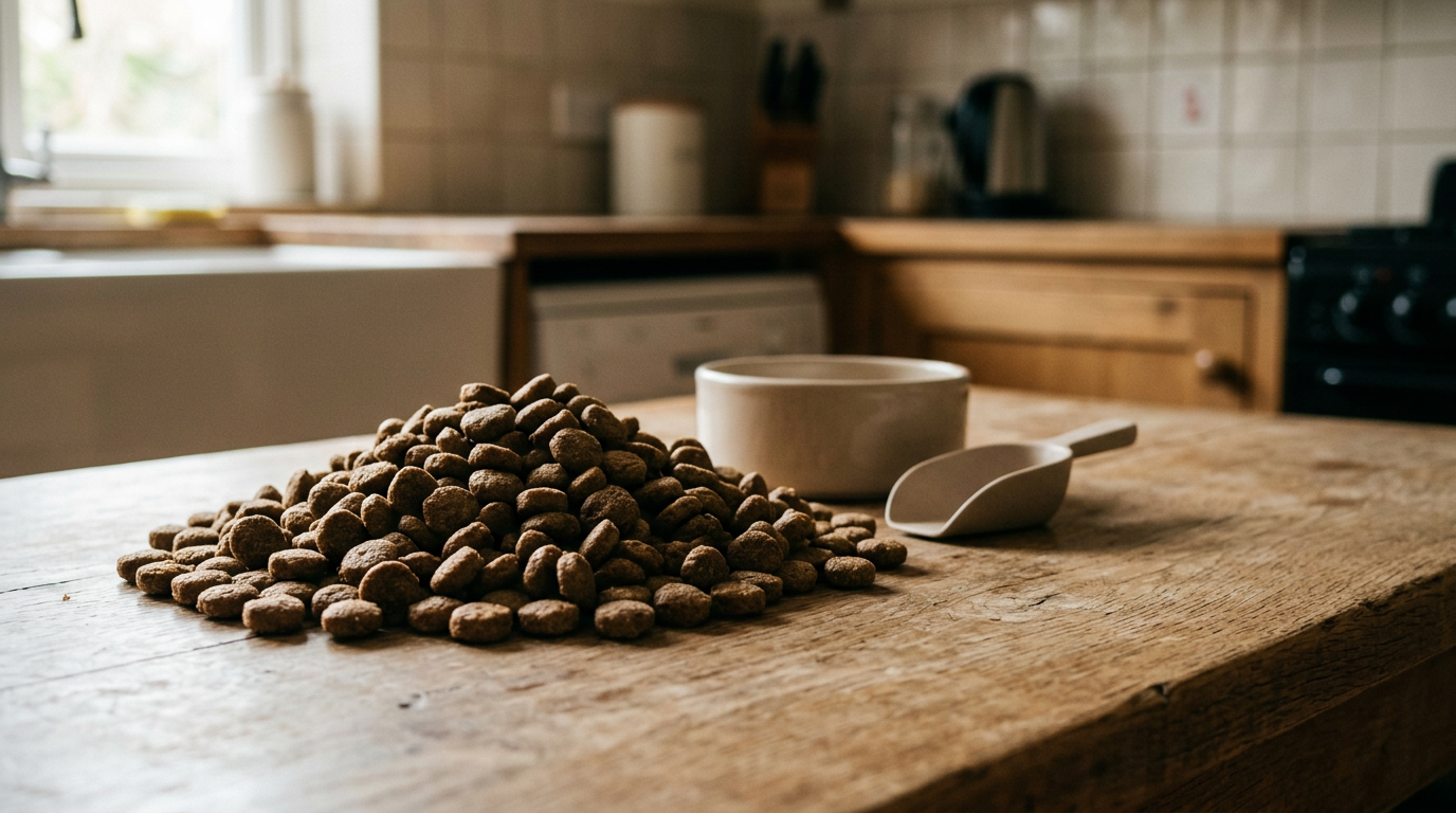 A generous, overflowing mound of premium large-kibble rests in the center of a rustic, raw-hewn oak tabletop.