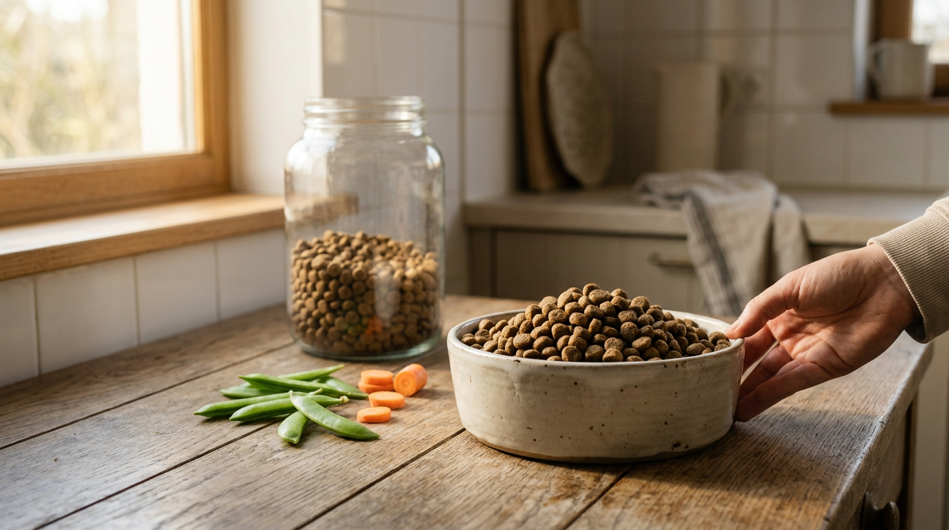 A shallow-depth-of-field close-up captures a rustic ceramic bowl filled with uniform, nutrient-dense kibble resting on a weathered oak surface.