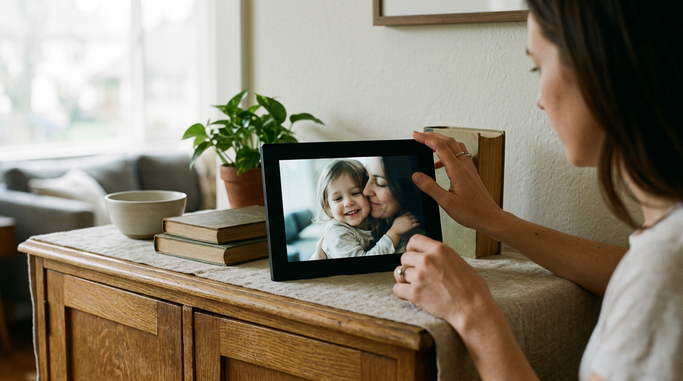 A candid daylight photograph showing frame in the real place where it is actually used, with the product itself clearly present and in focus, an anonymous person using or handling